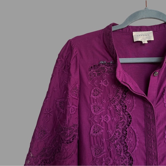 SEZANE Purple Boho Floral Embroidered Lace Button Down Shirt Honey Blouse Top - Picture 10 of 13